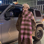 叕二叕  圍巾韓版新款男女秋冬時(shí)尚保暖女冬季大流蘇辮子撞色彩方格 粉棕格