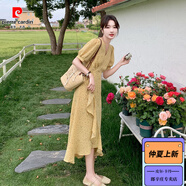 皮爾卡丹（pierre cardin）茶歇法式度假一片式碎花裙女中長(zhǎng)款2025夏季新款顯瘦不規(guī)則連衣裙 黃色連衣裙 新款面料升級(jí)版 XL 145斤內(nèi)