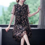 歌蜜奴 雪紡連衣裙夏季新款女裝韓版短袖裙子中長(zhǎng)款時(shí)尚女士衣服碎花裙 黑色 4XL(145-160斤)