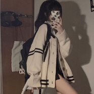 嬌茹妮 學院風日系毛衣開衫女秋冬2022年新款百搭寬松慵懶V領針織外套女 白色 均碼