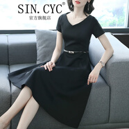 SIN.CYC女裝連衣裙收腰修身女夏季時尚氣質(zhì)顯瘦裙子女 黑色短/袖V/領(lǐng) L