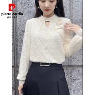 皮爾卡丹（pierre cardin）蕾絲打底衫女歐貨立體花朵加絨2025春季新款半高領(lǐng)泡泡袖毛衣上衣 米白色(不加絨)面料 M 建議90-110斤