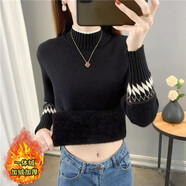 怡曼芙一體絨半高領(lǐng)毛衣女秋冬季新款加絨加厚打底衫內搭保暖針織衫上衣 黑色 均碼 -建議85-138斤