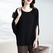 傲冬（AODOnG）高級真絲上衣女時(shí)尚蝙蝠袖桑蠶絲T恤圓領(lǐng)甜美小衫洋氣休閑夏季透 黑色 3XL（建議140斤以?xún)龋?