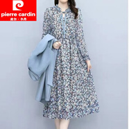 皮爾卡丹（pierre cardin）早秋碎花連衣裙兩件一套2024秋季新款女裝洋氣減齡顯瘦初秋套裝裙 藍色連衣裙【單件】 XL 建議115-130斤