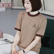 橫行道2024夏裝新款英文短袖針織衫圓領(lǐng)半袖打底衫上衣服女裝夏季 淺卡其 XL