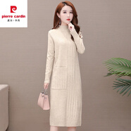 皮爾卡丹（pierre cardin）連衣裙女秋冬中長款過膝配大y針織套頭加絨加厚洋氣半高領(lǐng)打底衫 口袋條紋 【米白色】 L 【建議110-120斤】