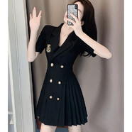 俞兆林短袖連衣裙2024年夏季新款小個子法式刺繡百褶黑色西裝裙顯瘦裙子 黑色 S 建議85-100斤