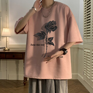 胖胖到家感玫瑰印花麂皮絨短袖t恤男夏季美式潮牌寬松大碼青少年半袖 粉色 M