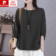 皮爾卡丹（pierre cardin）純色棉麻t恤女七分袖2025夏季新款文藝復(fù)古寬松圓領(lǐng)顯瘦上衣 黑色 L 建議101-120斤