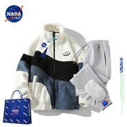 NASALIKE官方搖粒絨外套男秋冬季拼色加厚保暖夾克男女羊羔絨棉服男士上衣 白色+灰色加絨褲子 XL （建議140-160斤）