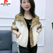 皮爾卡丹秋冬新款撞色拼接沖鋒衣外套女短款小個(gè)子連帽女裝上衣時(shí)尚潮 咖綠色薄款 2XL【建議125-140斤】