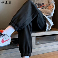 伊離姿胖mm大碼加絨加厚衛褲子女秋冬新款寬松顯瘦時(shí)尚百搭哈倫運動(dòng)褲潮 黑色 束腳 薄款 3XL 【建議145-160斤】