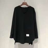 妃麗慕尚V領(lǐng)磨毛長(zhǎng)袖T恤打底衫女秋冬設(shè)計(jì)感中長(zhǎng)款不規(guī)則寬松加厚純色上衣 【春秋款】411純色黑色 XL 建議135斤以內(nèi)