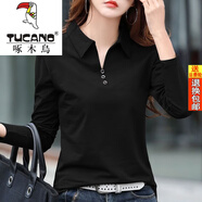 啄木鳥(niǎo)（TUCANO）品牌女裝領(lǐng)長(cháng)袖T恤女2026春夏裝新款寬松女士Polo衫休閑百搭上衣 黑色 XL 建議115-130斤
