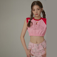 CHUU字母印花背心女2025夏季新品設計感撞色松緊腰短款無(wú)袖上衣 粉色 均碼