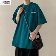 普戈斯（PUGESI）酒紅色320克重磅t恤男夏季廓形三本針落肩純棉短袖小領(lǐng)口情侶半袖 孔雀綠 3XL