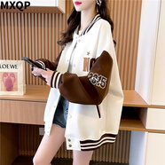 MXQP學(xué)院風(fēng)棒球服外套女2025秋冬新款韓版寬松休閑衛(wèi)衣百搭撞色上衣潮 白色 L 【110-130斤】