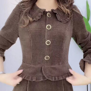 蘭威費雷小香風(fēng)燈芯絨連衣裙女秋冬款木耳花邊收腰中長(cháng)款連體裙 咖啡色 S 建議75斤-90斤