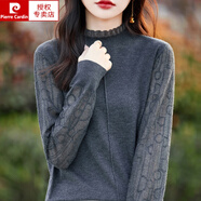 皮爾卡丹（pierre cardin）2024款秋冬薄款精紡100%羊毛衫半高領(lǐng)針織衫歐根紗打底衫鏤空 灰色 S