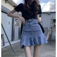 蘭威費雷夏季牛仔a字裙半身裙高腰魚(yú)尾裙遮胯荷葉邊包臀短裙SN569571400 淺藍色 S