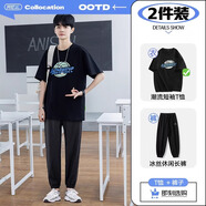 阿尼三青少年t恤男夏季2025新款潮流帥氣寬松短袖初中高中學(xué)生上衣夏裝 黑色+長(zhǎng)褲 XL