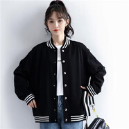 惠奴比2022春裝新款黑色外套BF休閑夾克韓版寬松學(xué)生棒球服女春秋ins潮 L（105-120）斤 黑色