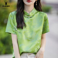 花花公子（PLAYBOY）2025夏新款真絲立領(lǐng)提花中式國(guó)風(fēng)盤(pán)扣短袖女士寬松顯瘦上衣小衫 官方旗艦綠色 S 80-95斤