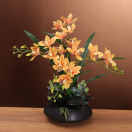 高檔蕙蘭仿真花假花帶花瓶套裝擺件家居客廳電視柜餐桌前臺(tái)裝飾花 黑瓶+黃色套裝