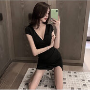 藍駿啟女裝夏季V領(lǐng)低胸顯瘦包臀桑拿沐足技師工作服性感連衣裙 黑色 2XL