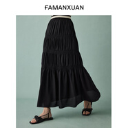 法曼萱（FAMANXUAN）黑色醋酸半身裙女夏新款法式復(fù)古高腰a字褶皺度假長(zhǎng)裙 暮光黑 160/64A/S