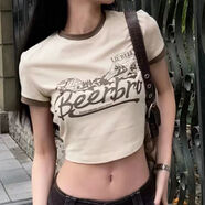 凱安尼（KAIANNI）短袖上衣BeerBro美式復(fù)古設(shè)計(jì)感綁帶女2022夏季歐美修身正肩T恤女 杏色 L