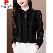 皮爾卡丹（pierre cardin）黑色金絲絨打底衫女士秋冬2026新款時(shí)髦蕾絲上衣時(shí)尚洋氣小衫 黑色 2XL