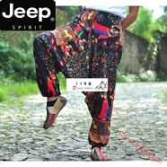 JEEP SPIRIT春夏薄棉麻情侶大襠褲男女同款拼布印花休閑褲垮褲吊襠褲東巴褲 葉榆舊夢 均碼