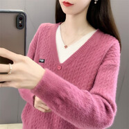 吻璦針織衫女2022年秋冬裝新款毛衣女士毛毛v領(lǐng)女裝打底衫內搭 玫紅色 均碼