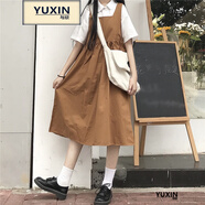 與欣裙子夏天日系少女穿搭套裝學(xué)生學(xué)院風(fēng)長款過膝小個(gè)子連衣裙 卡其色連衣裙【單件】 均碼【可備注碼數(shù)】