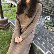 shunya 香港潮牌 針織連衣裙女秋冬女裝寬松羊毛針織衫打底毛衣加厚保暖中長(cháng)款過(guò)膝毛衣裙子 咖駝色 L（130-145）斤