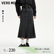 VEROMODA牛仔半身裙2024秋冬高腰毛邊水洗開叉魚尾長裙324137019 324137034J09深牛仔灰色-追單 L