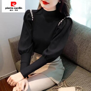 皮爾卡丹（pierre cardin）2024春秋新款重工釘珠半高領(lǐng)燈籠泡泡袖毛衫打底衫內(nèi)搭毛衣上衣 黑色【釘珠升級(jí)版】 S 【70-90】斤