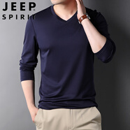 吉普（JEEP）長(zhǎng)袖t恤男V領(lǐng)雙絲光純棉春秋裝純色內(nèi)搭薄款雞心領(lǐng)潮流打底體T恤 藏青色 175/L (適合135-150斤)