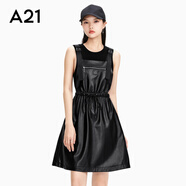 A21女裝收腰顯高辣妹連衣裙皮質(zhì)復(fù)古背帶街頭風(fēng)顯瘦短連衣裙 黑色 S