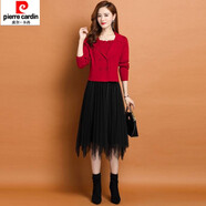 皮爾卡丹兩裝連衣裙女秋冬新款時尚修身顯瘦女裝針織打底網(wǎng)紗裙子 紅色 2XL 130-140斤