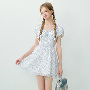 樂(lè )町溫柔V領(lǐng)連衣裙蘭鈴雪紡裙碎花肌理感短袖連衣裙 藍印花（現貨） S