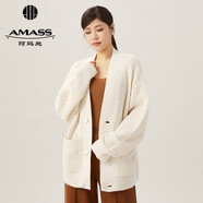 阿瑪施（AMASS）女裝時(shí)尚百搭華夫格V領(lǐng)寬松粗棒厚款針織開衫毛衣外套女5499196 白 L (4碼)