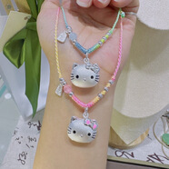 新款足銀999KT貓咪編繩項鏈純銀可愛(ài)心形清新甜美送女友閨蜜禮物 KT貓咪編繩項鏈（粉）