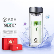 希諾（HEENOOR）雙層抗菌玻璃杯男女士高檔商務(wù)辦公泡茶杯大容量水杯加厚隔熱杯子 煙灰色-390ml-時(shí)尚杯蓋 銀離子抗菌版+禮盒裝+帶濾網(wǎng)