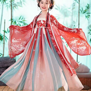 兒童漢服女童夏季薄款古裝中國風(fēng)超仙連衣裙大童長(cháng)袖女孩古風(fēng)仙氣 紅顏兔+大袖衫 130