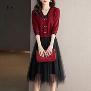 i-O-J輕奢品牌秋冬連衣裙女2025新款時(shí)尚中長款顯瘦假兩件毛衣打底裙 酒紅色 XL 【115-125斤】