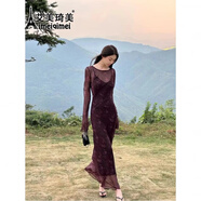 艾美琦美（AIMEIQIMEI）法式紅色碎花連衣裙2025春秋穿搭女套裝修身顯瘦蕾絲吊帶包臀裙子 兩件套 L