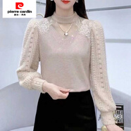 皮爾卡丹（pierre cardin）今年流行的加絨加厚蕾絲打底衫女洋氣顯瘦半高領(lǐng)氣質(zhì)拼接針織上衣 杏色 XL 100-115斤